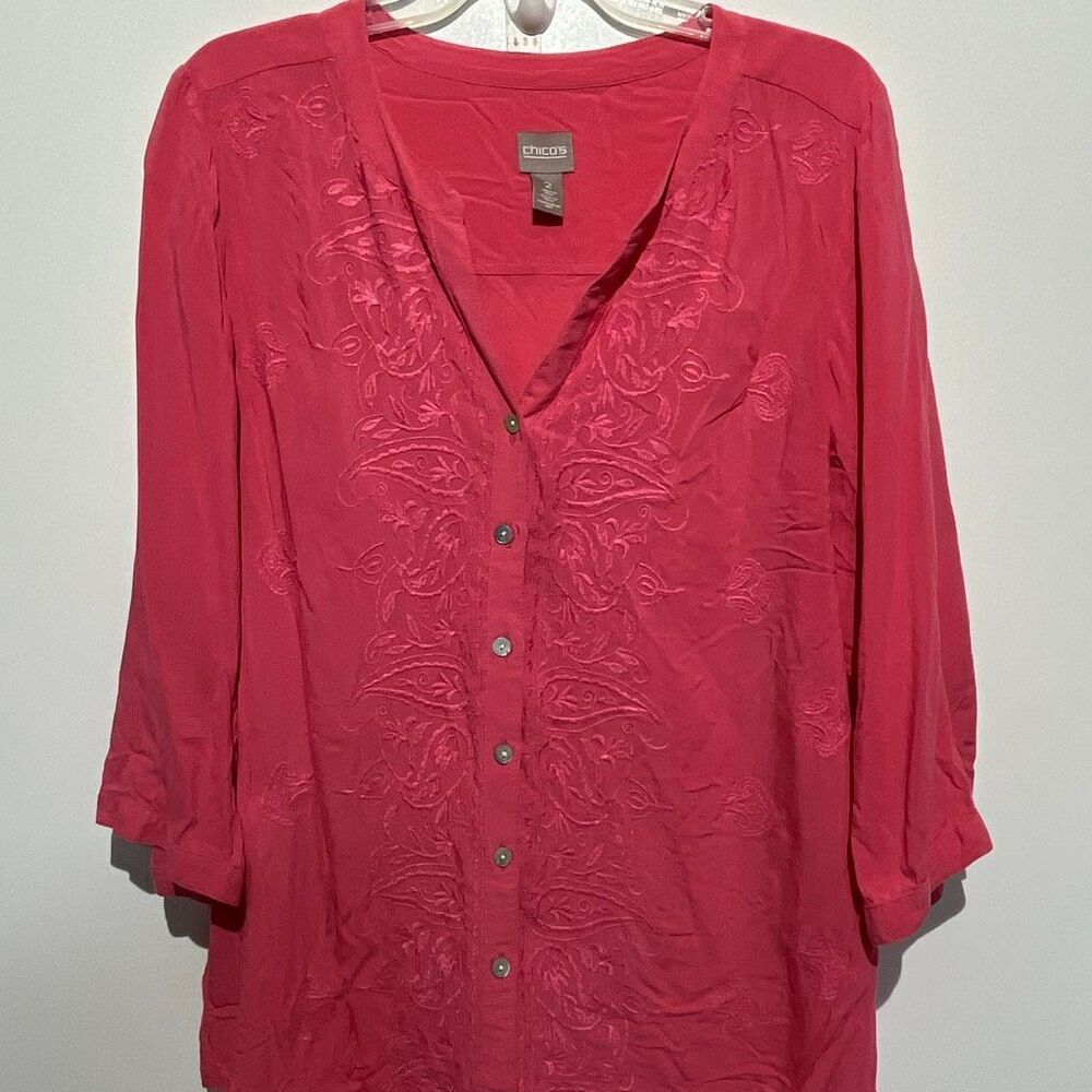 Chicos‎ Women's Pink Floral Paisley Embroidered Button  Down Top Size 2 Large
